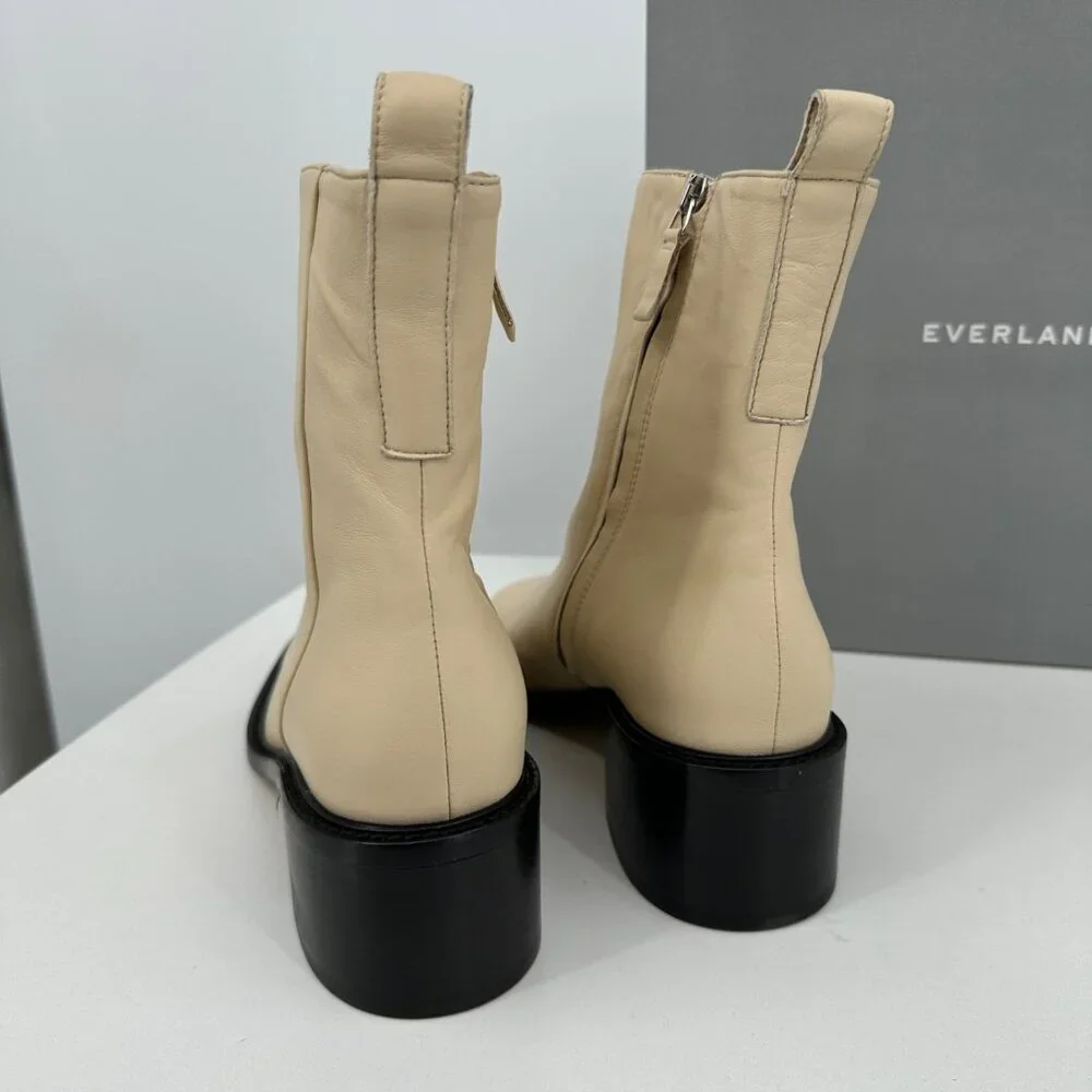 Everlane The City Boot in Cream Leather 9.5 Women's Side Zip Block Heel Ankle